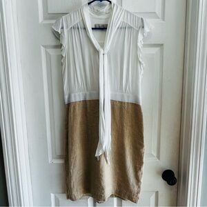 LOFT White Tie-Front Dress Ruffle Cap Sleeves White Gold Linen Size 8